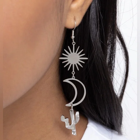 Silver Sun Moon Cactus Earrings - Picture 2 of 3